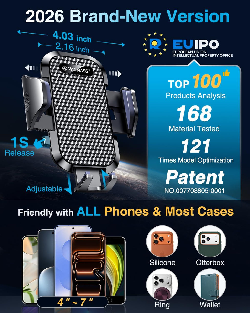 [2026 True Military-Grade] Car Phone Holder  [Upgraded Strongest Suction & Clip] Cell Phone Mount for Dashboard Windshield Vent Wall,Truck Cradle Stand for Iphone 17 Pro Max 16 15 14 13 Android