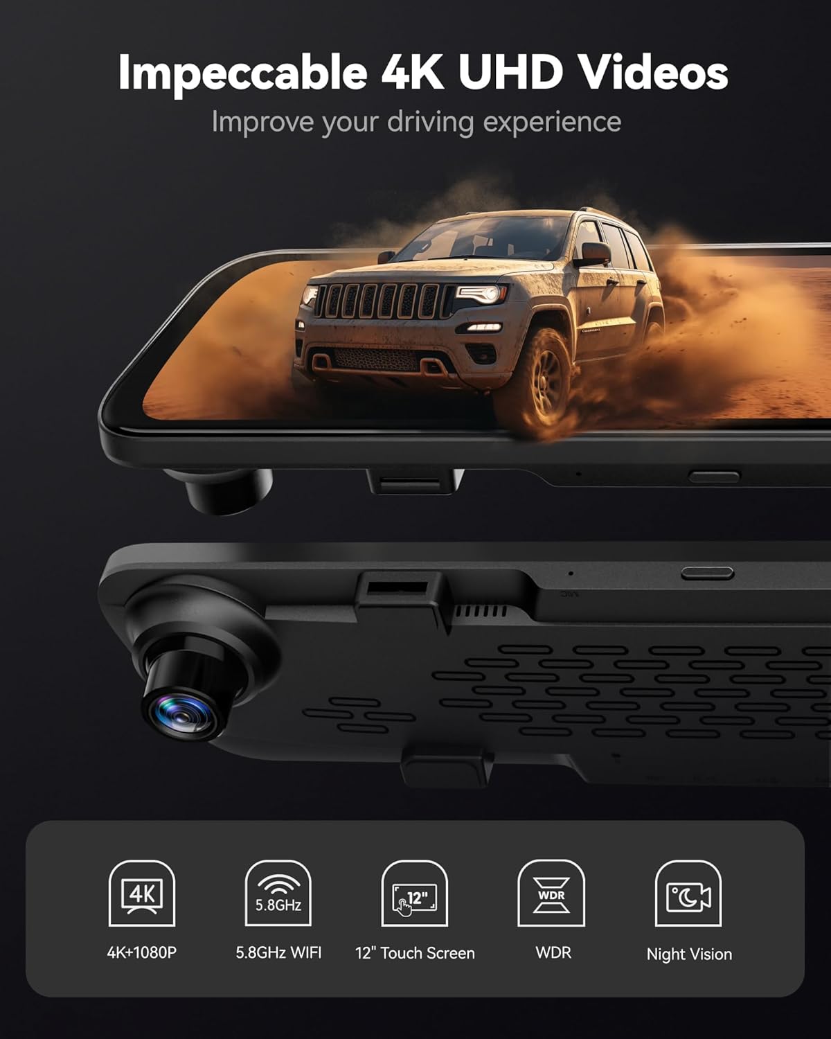 G840S 12" 4K Mirror Dash Cam Backup Camera, 5.8Ghz Wifi Smart Rearview Mirror for Cars & Trucks, Front and Rear View Dual Cameras, Night Vision, Parking Assistance, Included 32GB Card & GPS