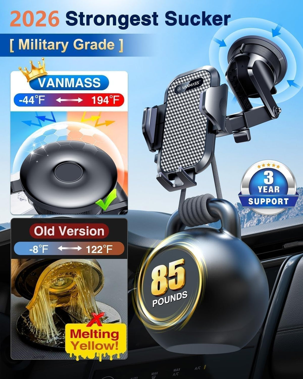 [2026 True Military-Grade] Car Phone Holder  [Upgraded Strongest Suction & Clip] Cell Phone Mount for Dashboard Windshield Vent Wall,Truck Cradle Stand for Iphone 17 Pro Max 16 15 14 13 Android
