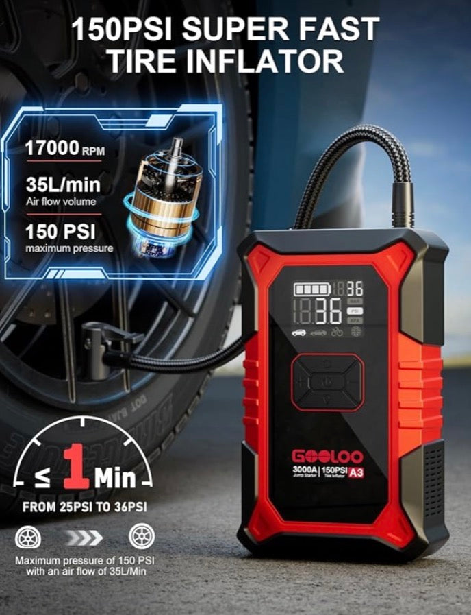 Jump Starter with Air Compressor, Portable Battery Booster